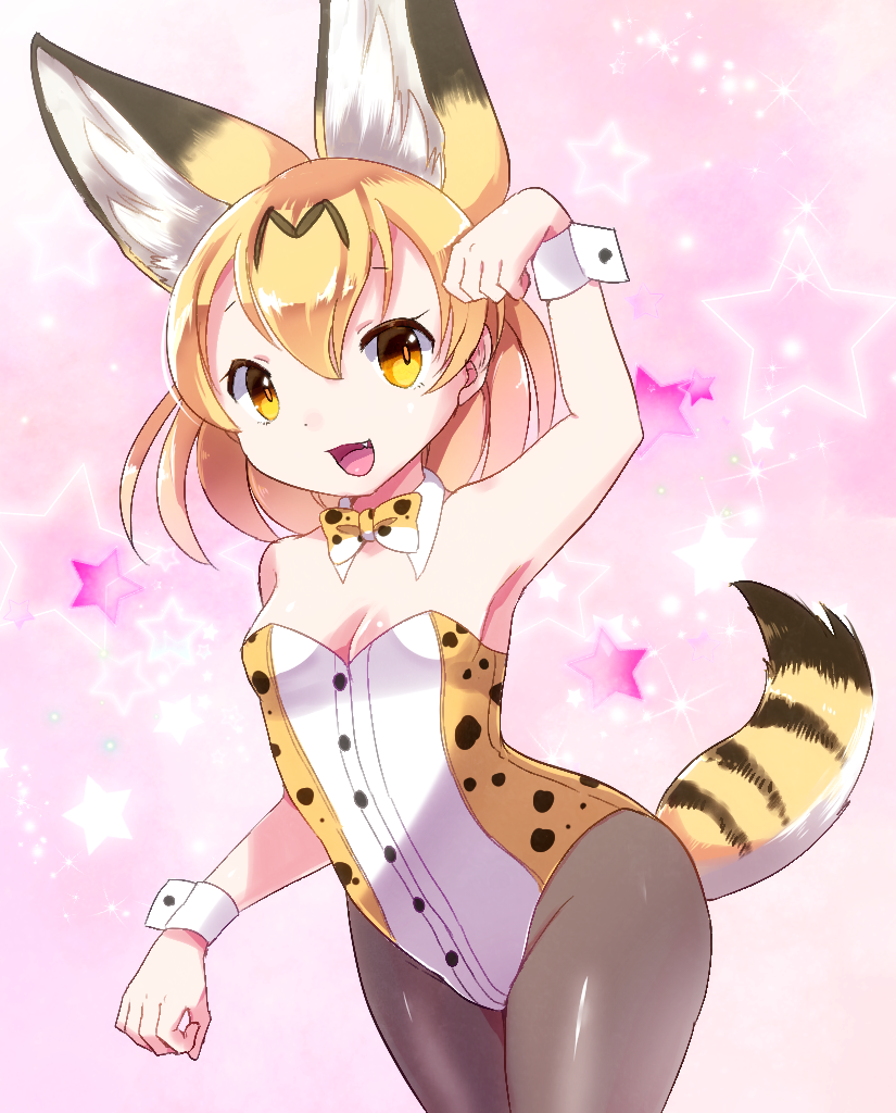 1girl adapted_costume animal_ears black_legwear blonde_hair bow bowtie cowboy_shot detached_collar fang kemono_friends kemoribon kittysuit leotard looking_at_viewer multicolored_hair pantyhose paw_pose serval_(kemono_friends) serval_ears serval_print serval_tail short_hair solo strapless strapless_leotard striped_tail tail two-tone_hair wrist_cuffs yellow_eyes