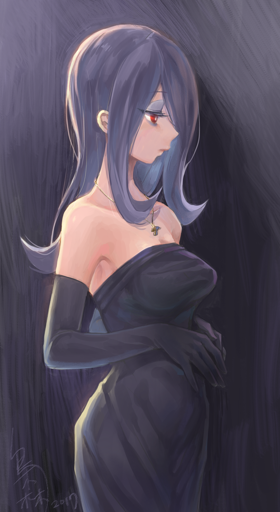 10s 1girl 2017 alternate_costume armpit_peek bare_shoulders black_dress black_gloves breasts bright_pupils closed_mouth collarbone dated dress elbow_gloves expressionless eyelashes eyeshadow formal from_side fukuroumori gloves gradient gradient_background grey_background grey_hair hair_over_one_eye half-closed_eyes highres jewelry jitome lavender_hair light lips little_witch_academia long_hair looking_away looking_down makeup medium_breasts neck necklace own_hands_together pale_skin pendant red_eyes signature solo strapless strapless_dress sucy_manbavaran upper_body
