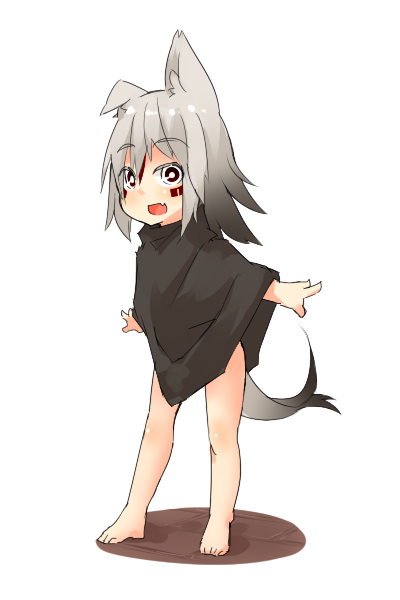 1girl :d akasha_(syakoba) animal_ears barefoot child facepaint fang full_body gradient_hair grey_hair long_hair looking_at_viewer multicolored_hair open_mouth original poncho shako_(syakoba3) simple_background smile tail white_background wolf_ears wolf_tail