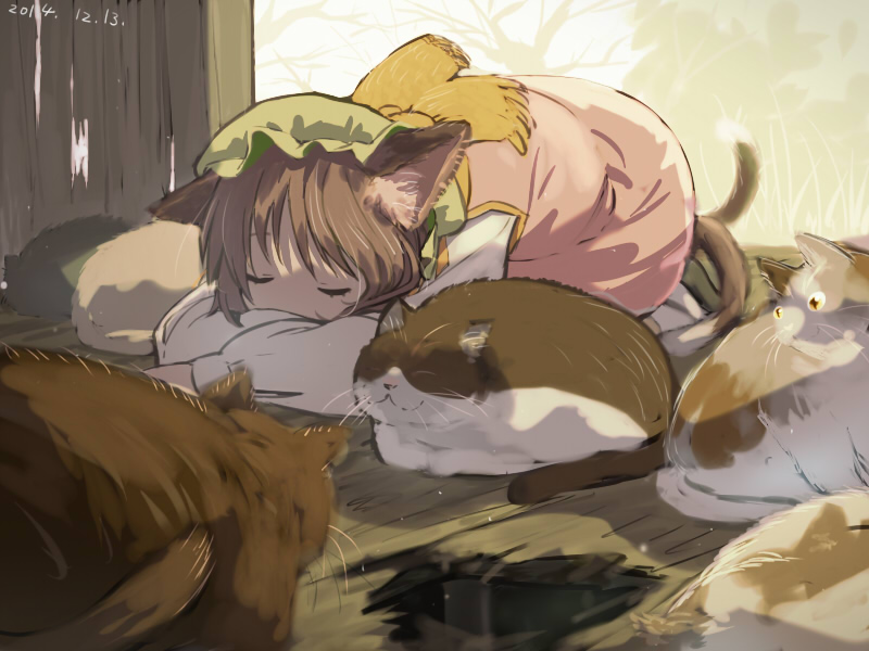 1girl 2014 :3 animal animal_ears bare_tree barn blurry brown_hair cat cat_ears cat_tail chabi_(amedama) chen closed_eyes dated depth_of_field dress eyelashes frilled_hat frills full_body green_footwear green_hat hat hole long_sleeves looking_at_another looking_to_the_side mob_cap multiple_tails nekomata red_dress scarf shadow shirt short_hair silver_sky sky sleeping sleeve_cuffs smile socks tail touhou tree whiskers white_legwear white_shirt wooden_floor wooden_wall yellow_scarf |3