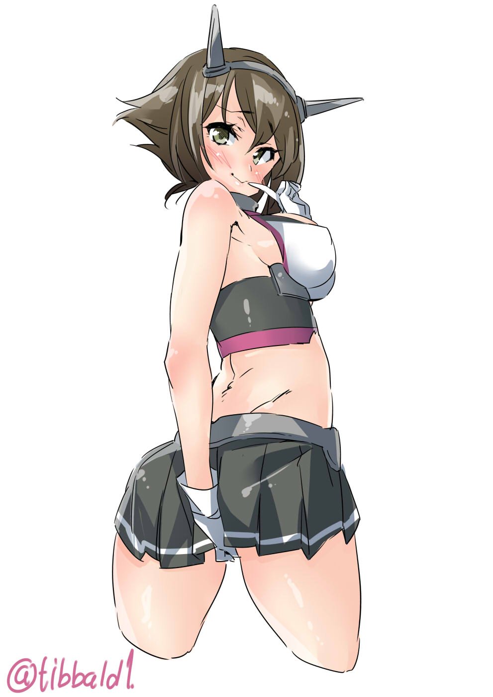 1girl ass bangs black_skirt blush breasts brown_hair collar ebifurya finger_to_mouth flipped_hair gloves green_eyes halter_top halterneck headgear highres kantai_collection looking_at_viewer looking_back medium_breasts mutsu_(kantai_collection) pleated_skirt sideboob sketch skirt smile solo striped striped_skirt twisted_torso twitter_username upper_body white_gloves