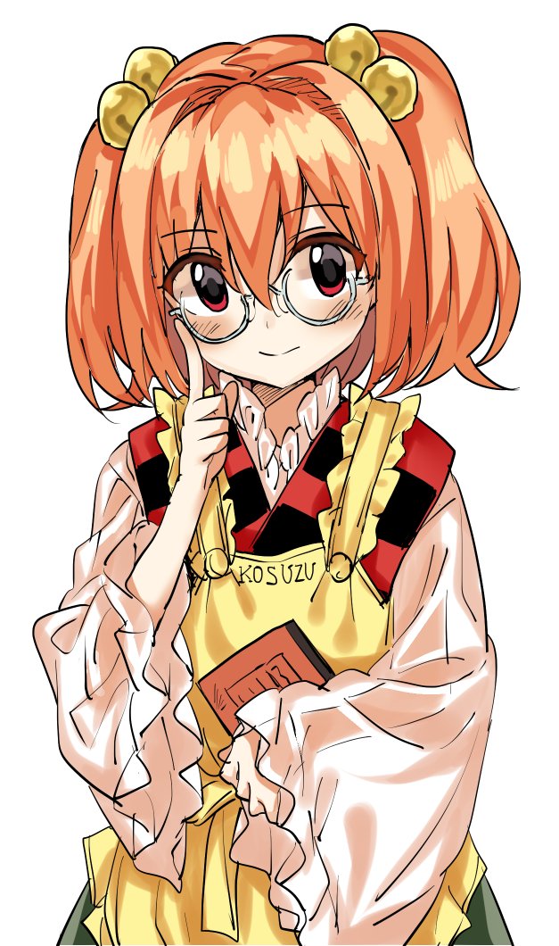 1girl bell character_name glasses hair hair_ornament japanese_clothes jingle_bell long_sleeves looking_at_viewer manarou motoori_kosuzu red_eyes redhead short_hair smile solo touhou twintails wide_sleeves