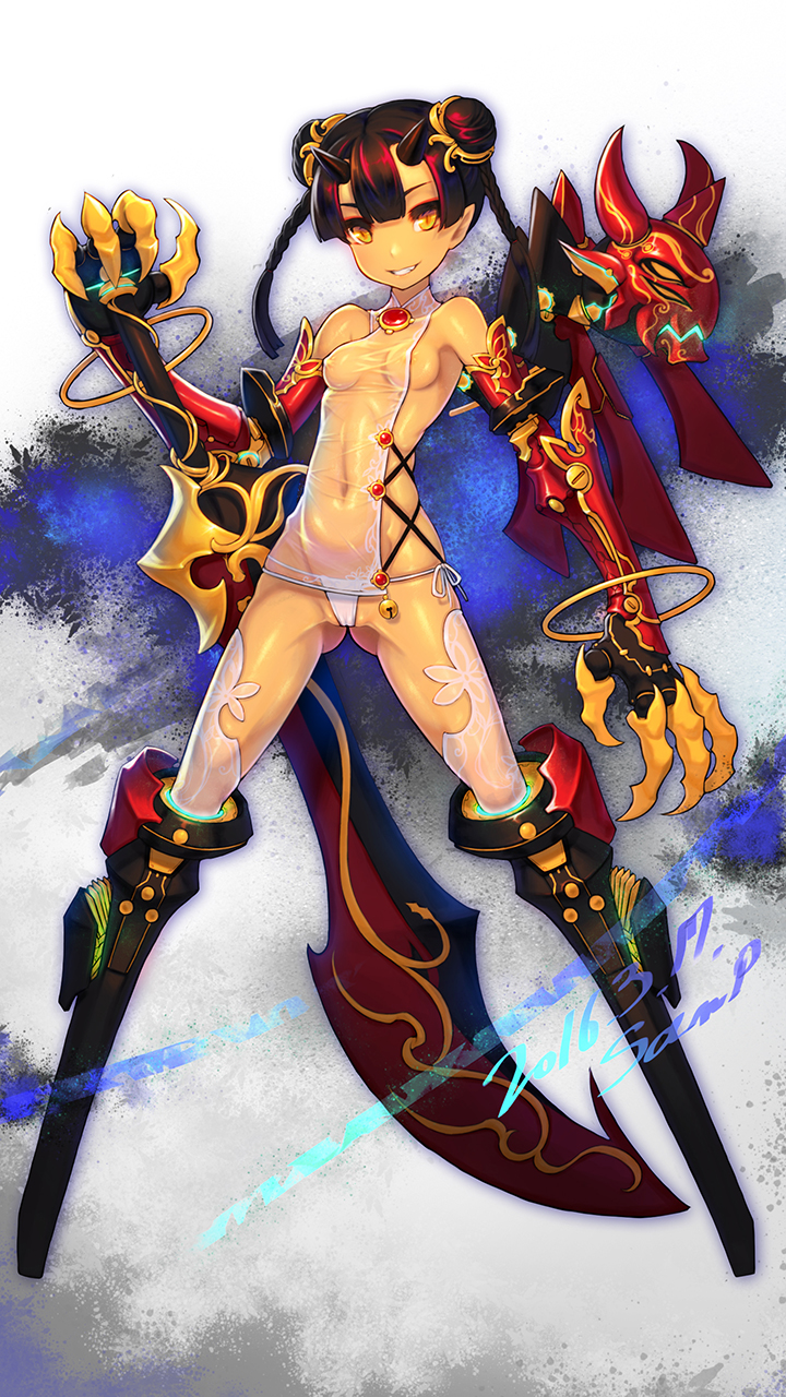 black_hair braid breasts claws dated double_bun ecell grin hair_ornament highres horns oni original panties pointy_ears revealing_clothes side-tie_panties signature small_breasts smile sword underwear weapon yellow_eyes