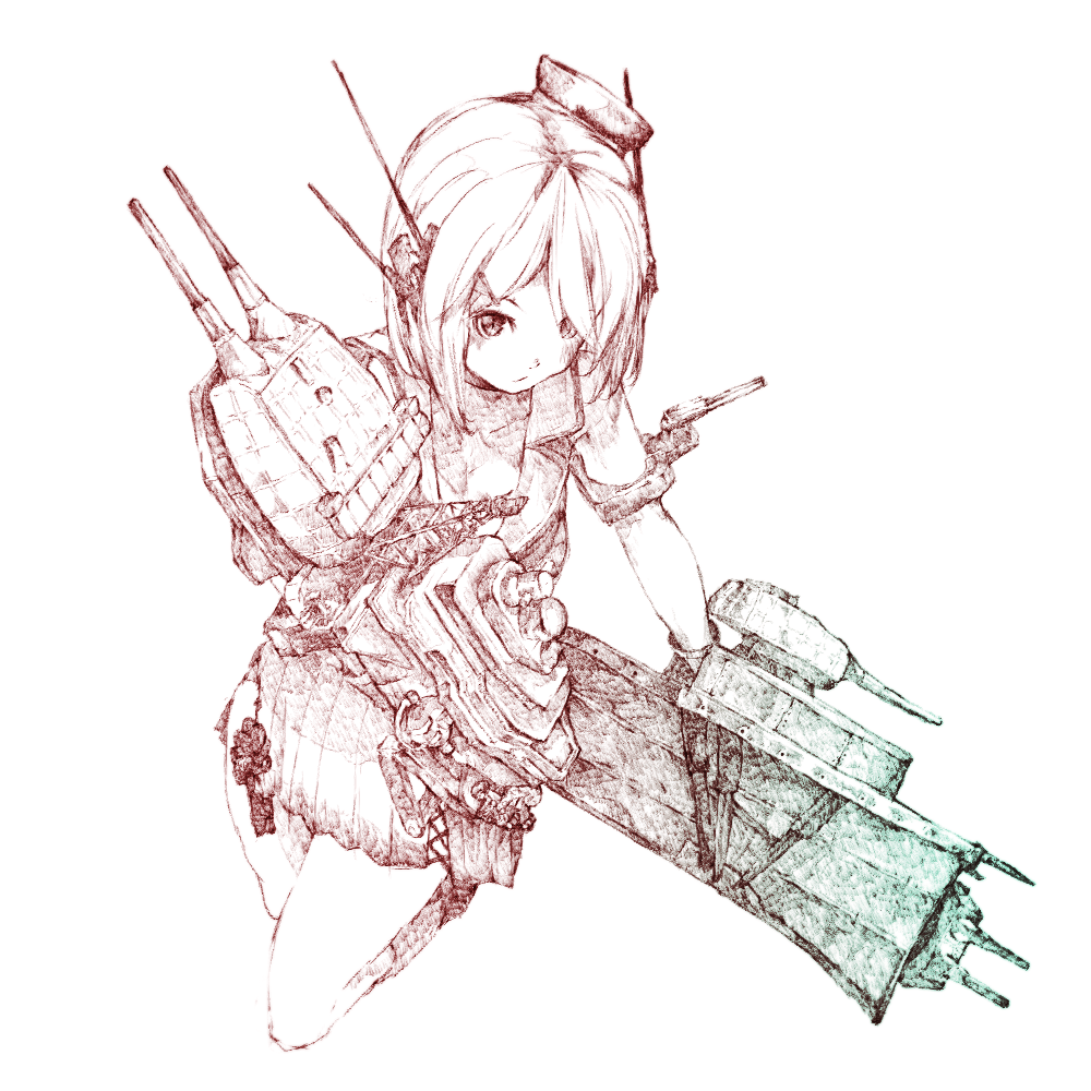 1girl from_above full_body gurin33 kantai_collection knees looking_at_viewer maya_(kantai_collection) mecha_musume monochrome radio_antenna remodel_(kantai_collection) simple_background sketch skirt solo turret white_background