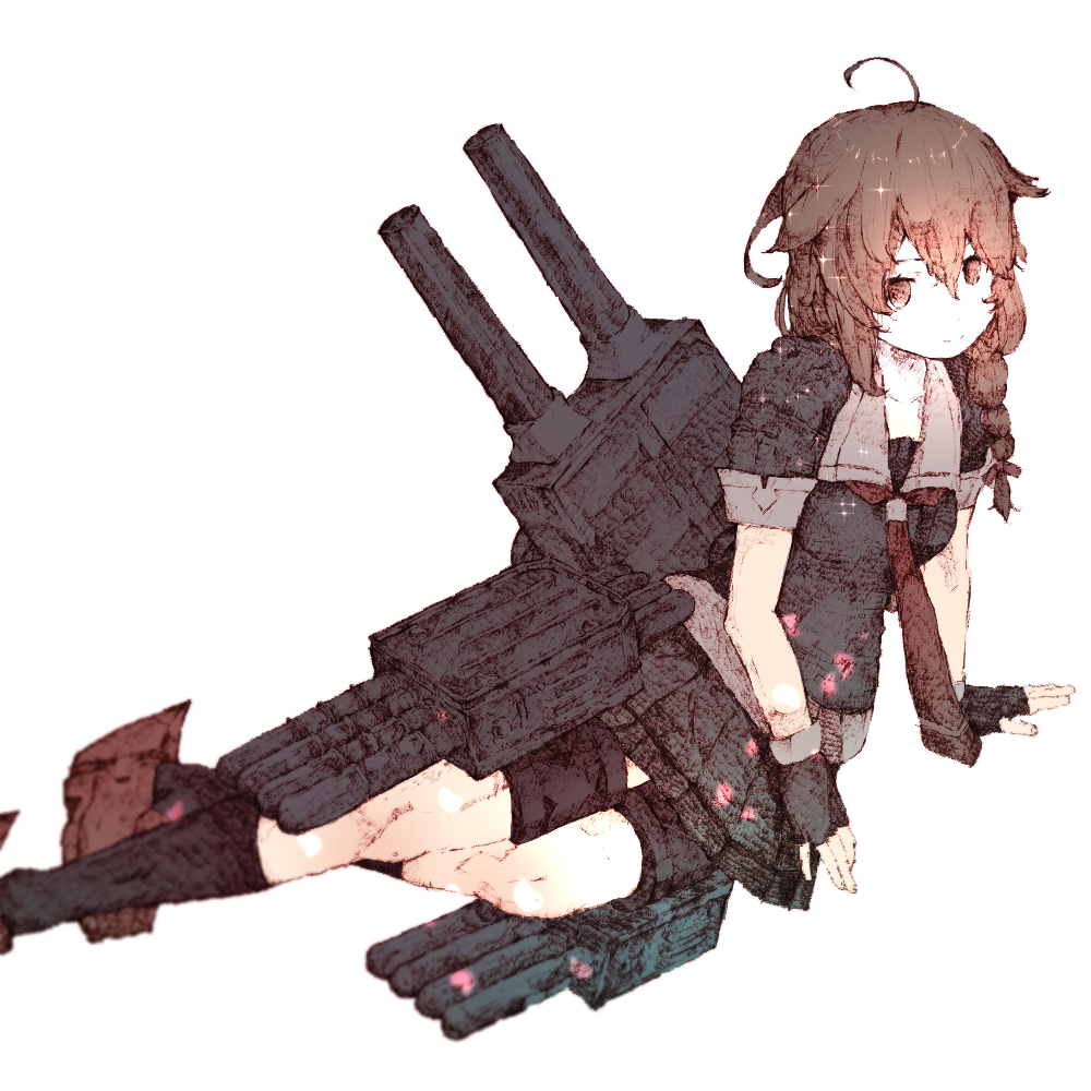 1girl ahoge arm_support black_gloves blurry braid brown_eyes brown_hair depth_of_field fingerless_gloves full_body gloves gurin33 hair_flaps kantai_collection knees light_smile looking_at_viewer rudder_shoes shigure_(kantai_collection) side_braid simple_background sketch socks solo torpedo_tubes turret white_background