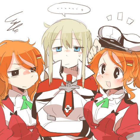 &gt;:d ... 3girls :d aquila_(kantai_collection) blonde_hair blue_eyes capelet crossed_arms dual_persona graf_zeppelin_(kantai_collection) hair_between_eyes hair_ornament hairclip hat high_ponytail jacket kantai_collection long_hair long_sleeves lowres military military_uniform multiple_girls open_mouth orange_eyes orange_hair peaked_cap rebecca_(keinelove) red_jacket shirt short_hair sidelocks simple_background smile spoken_ellipsis sweatdrop twintails uniform white_background white_jacket white_shirt
