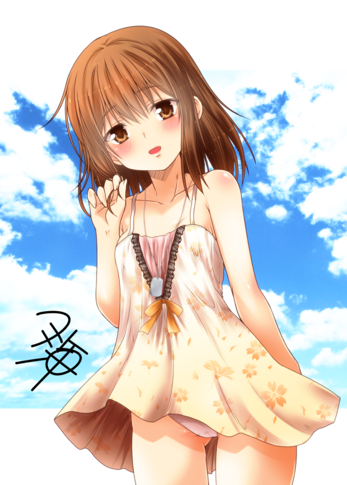 1girl :d alternate_costume alternate_hairstyle bare_arms bare_shoulders blue_sky blush breasts brown_eyes brown_hair clouds collarbone cowboy_shot dog_tags dress eyebrows_visible_through_hair floral_print hair_twirling inazuma_(kantai_collection) kantai_collection long_hair looking_at_viewer open_mouth panties pantyshot short_dress signature sky sleeveless sleeveless_dress small_breasts smile solo underwear white_panties yellow_dress yua_(checkmate)
