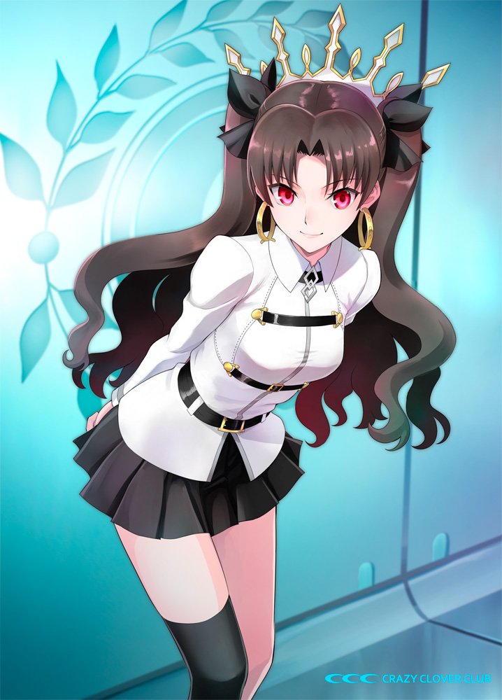 1girl against_wall arms_behind_back asymmetrical_legwear bangs bare_legs bare_shoulders belt black_hair black_legwear black_ribbon black_skirt c: circle_name closed_mouth collared_shirt cosplay crown earrings fate/grand_order fate_(series) female female_protagonist_(fate/grand_order) female_protagonist_(fate/grand_order)_(cosplay) fujimaru_ritsuka_(female) fujimaru_ritsuka_(female)_(cosplay) hair_ribbon highres hoop_earrings indoors ishtar_(fate/grand_order) jewelry leaning leaning_forward legs long_hair long_sleeves looking_at_viewer neck parted_bangs pleated_skirt red_eyes ribbon shirotsumekusa shirt single_thighhigh skirt smile solo standing thigh-highs tohsaka_rin toosaka_rin twintails two_side_up type-moon uniform wavy_hair white_shirt white_uniform