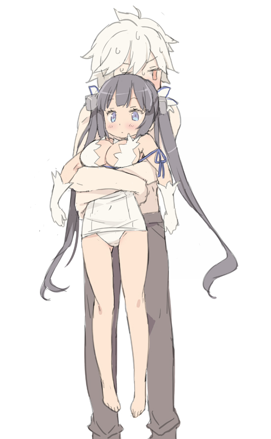 1boy 1girl albino bare_legs barefoot bell_cranel black_hair blade_(galaxist) blue_eyes blush breasts carrying commentary_request dungeon_ni_deai_wo_motomeru_no_wa_machigatteiru_darou_ka gloves hair_ribbon hestia_(danmachi) hug hug_from_behind large_breasts long_hair red_eyes rei_no_himo ribbon simple_background standing sweat twintails very_long_hair white_background white_gloves white_hair