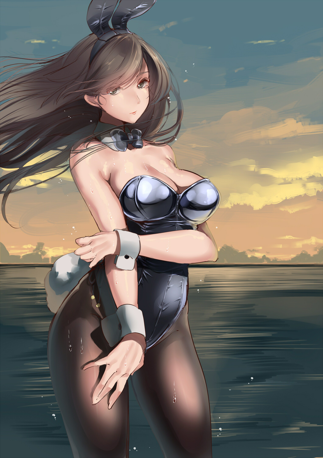 1girl amane_ruri animal_ears bare_shoulders black_bow black_legwear bow breasts brown_eyes brown_hair bunny_girl bunny_tail bunnysuit cleavage clouds commentary_request detached_collar eyes_visible_through_hair fake_animal_ears highres large_breasts long_hair looking_at_viewer ocean original outdoors pantyhose rabbit_ears sky solo standing tail wet wet_clothes wind wrist_cuffs
