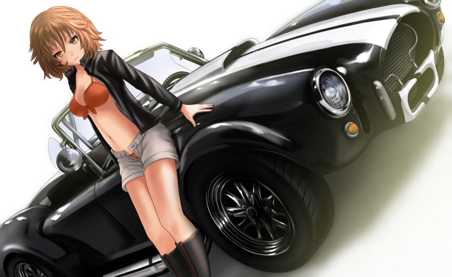 1girl bikini bikini_under_clothes black_boots black_jacket boots breasts brown_eyes brown_hair buttons car cleavage closed_mouth collarbone convertible dutch_angle front-tie_bikini front-tie_top ground_vehicle hair_between_eyes jacket keane912 knee_boots leaning_on_object legs_together looking_at_viewer medium_breasts motor_vehicle navel open_fly original racequeen shiny short_shorts shorts simple_background smile solo standing stomach swimsuit thighs tsurime unbuttoned white_background