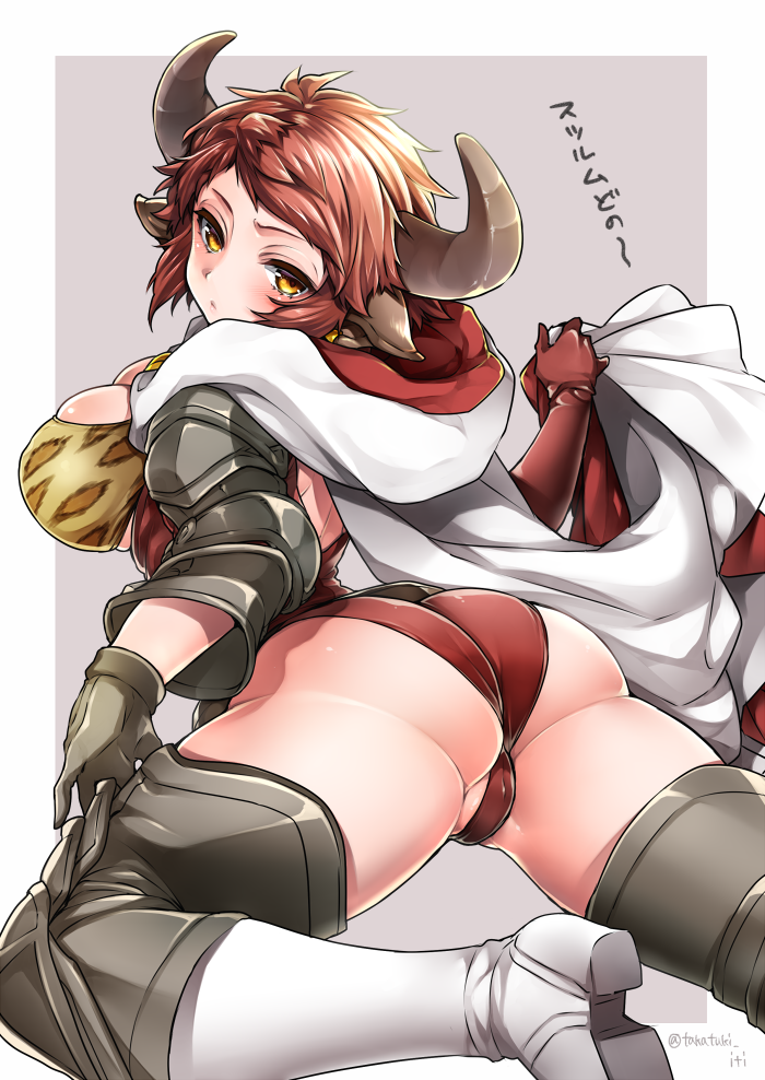 1girl animal_ears animal_print armor ass blush breasts cleavage cow_ears cow_horns doraf gloves granblue_fantasy horns large_breasts leopard_print looking_at_viewer mismatched_gloves redhead short_hair solo sturm_(granblue_fantasy) takatsuki_ichi thigh-highs twitter_username yellow_eyes