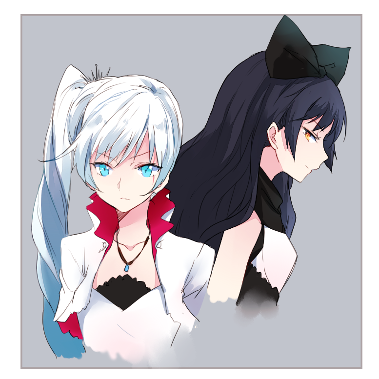 2girls black_bow black_hair blake_belladonna blue_eyes bow hair_bow jewelry long_hair maromi_(am97) multiple_girls necklace rwby scar smile upper_body weiss_schnee white_hair yellow_eyes