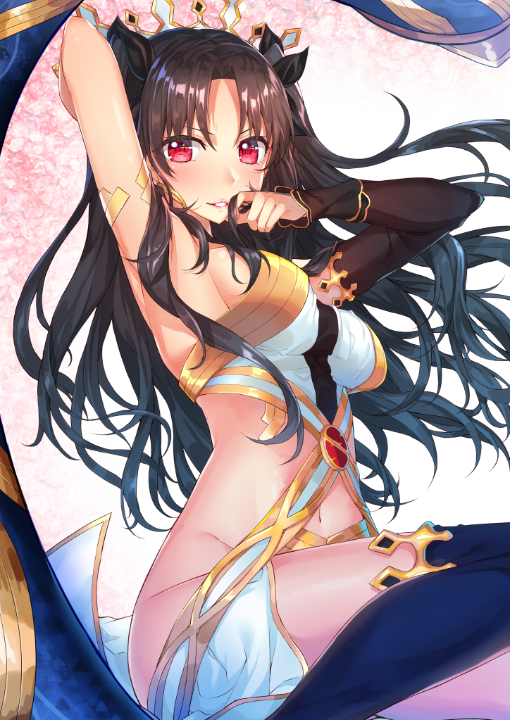 1girl arm arm_behind_head arm_up armlet armpits asymmetrical_legwear asymmetrical_sleeves bangs bare_arms bare_legs black_detached_sleeves black_hair black_legwear black_ribbon blue_legwear blush breasts crown detached_sleeves earrings fate/grand_order fate_(series) female floating_hair hair_grab hair_ribbon hakuishi_aoi highres hoop_earrings ishtar_(fate/grand_order) jewelry large_breasts legs lips long_hair looking_at_viewer medium_breasts midriff naughty_face navel navel_cutout parted_bangs parted_lips red_eyes revealing_clothes ribbon shiny shiny_hair sideboob single_sleeve single_thighhigh sitting smile solo strapless thighhighs thighlet toosaka_rin two_side_up type-moon