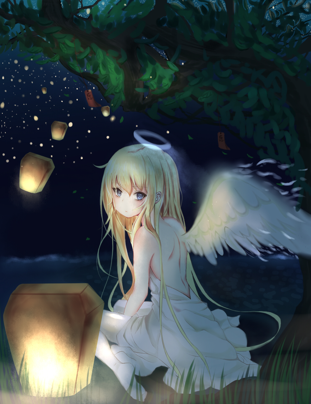 1girl angel_wings bare_back barefoot blonde_hair branch dress expressionless fading feathers gabriel_dropout grass grey_eyes halo highres leaf looking_back mascheruri night single_wing sitting sky_lantern solo tenma_gabriel_white tree wariza white_dress wings