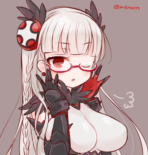 1girl ;o =3 \||/ adjusting_glasses arms_up bangs bespectacled blunt_bangs braid breasts dark_valkyrie_(p&amp;d) dot_nose dress earrings erect_nipples eyebrows_visible_through_hair eyelashes eyes_visible_through_hair fantasy feathers gauntlets glasses grey_background half-closed_eye halterneck head_feathers headgear impossible_clothes impossible_dress jewelry large_breasts long_hair looking_at_viewer marshmallow_mille one_eye_closed open_mouth puzzle_&amp;_dragons raised_eyebrows red-framed_eyewear red_eyes revision semi-rimless_glasses simple_background sketch solo spikes stud_earrings twin_braids twitter_username under-rim_glasses valkyrie_(p&amp;d) white_hair