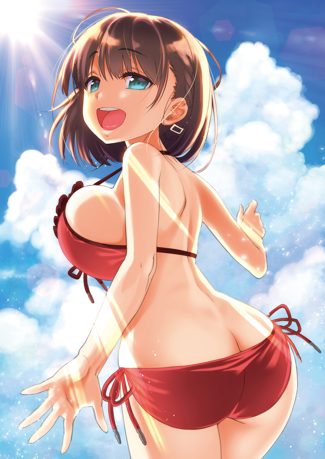 1girl :d ai-chan_(tawawa) ass bangs bare_shoulders bikini blue_sky bouncing_breasts braid breasts butt_crack clouds cloudy_sky eyebrows_visible_through_hair getsuyoubi_no_tawawa green_eyes hair_ornament hairclip highres large_breasts light_rays looking_at_viewer looking_back nanase_meruchi open_mouth outstretched_hand red_bikini short_hair side-tie_bikini side_braid sky smile sun sunbeam sunlight swimsuit teeth tongue