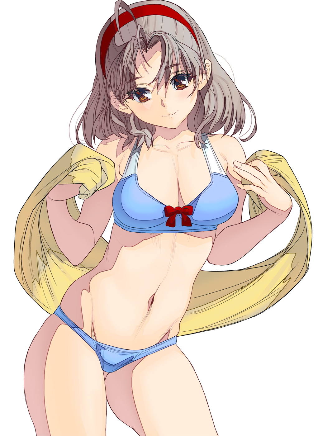 1girl ahoge bangs bare_shoulders bikini blue_bikini bow bow_bikini breasts brown_eyes brown_hair cleavage closed_mouth contrapposto eyebrows_visible_through_hair head_tilt highres holding looking_at_viewer masao medium_breasts medium_hair navel original parted_bangs red_bow shawl simple_background smile solo standing stomach swimsuit tareme thighs white_background