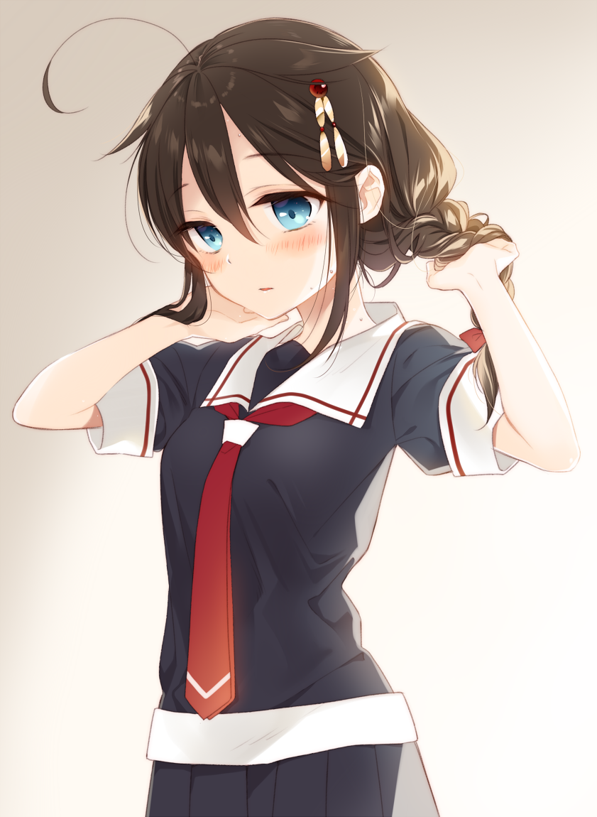 1girl ahoge bangs blue_eyes blush braid brown_hair commentary_request eyebrows_visible_through_hair gradient gradient_background hair_between_eyes hair_flaps hair_ornament hairpin holding holding_hair kantai_collection long_hair naoto_(tulip) necktie parted_lips pleated_skirt remodel_(kantai_collection) school_uniform serafuku shigure_(kantai_collection) short_sleeves single_braid skirt solo sweat upper_body