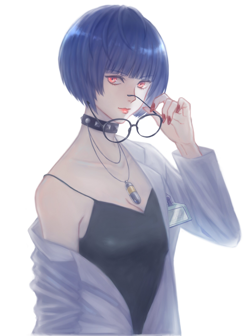 1girl blue_hair brown_eyes choker collarbone jewelry labcoat looking_at_viewer necklace niedola persona persona_5 short_hair smile solo takemi_tae
