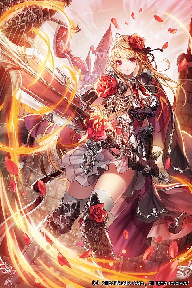 1girl armor black_cape blonde_hair cape character_request copyright_request ekh eyebrows_visible_through_hair flower hair_flower hair_ornament holding holding_sword holding_weapon long_hair looking_at_viewer red_eyes solo sword weapon