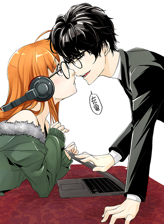 1boy 1girl bare_shoulders black_hair coat computer couple forehead-to-forehead fur_trim glasses headphones hetero kurusu_akira laptop long_hair orange_hair persona persona_5 sakura_futaba simple_background surprised white_background youkai_pantsu_zurashi