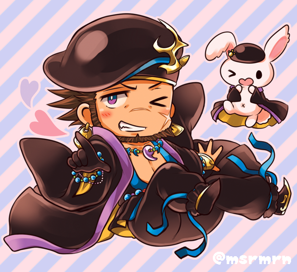 &gt;:) &gt;_o 1boy animal bare_chest bead_bracelet beads beard blue_background blush bracelet bracer brown_hair character_request chibi clothed_animal collarbone commentary_request earrings facial_hair facial_scar flipped_hair full_body gold_trim grin hat heart horizontal_stripes index_finger_raised jewelry looking_at_viewer magatama magatama_necklace male_focus marshmallow_mille nose_scar one_eye_closed ookuninushi_(p&amp;d) open_clothes pink_background puzzle_&amp;_dragons rabbit scar sharp_teeth short_hair smile solo striped striped_background teeth twitter_username two-tone_background violet_eyes white_pupils