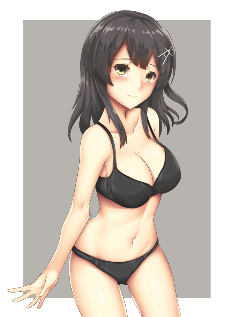 1girl arciealbano black_bra black_hair black_panties blush bra breasts cleavage closed_mouth collarbone grey_background hair_ornament kantai_collection looking_at_viewer medium_breasts navel outside_border oyashio_(kantai_collection) panties simple_background solo standing underwear underwear_only white_border yellow_eyes