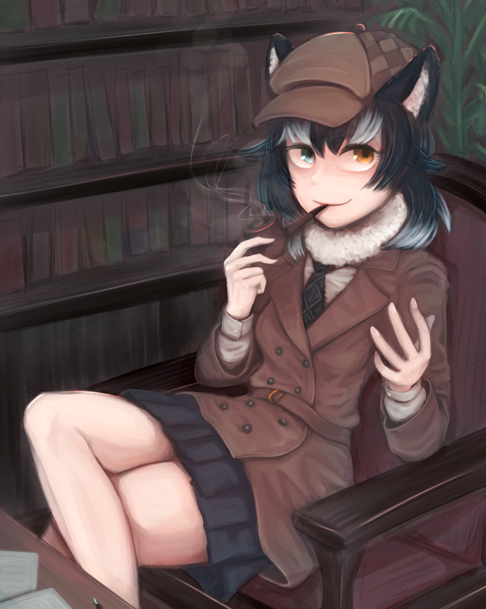 1girl animal_ears black_hair blue_eyes book breasts fur_collar gloves graphite_(medium) grey_wolf_(kemono_friends) heterochromia highres holding kemono_friends long_hair long_sleeves looking_at_viewer multicolored_hair necktie pipe pipe_in_mouth sitting skirt small_breasts smoking solo traditional_media two-tone_hair wolf_ears yellow_eyes