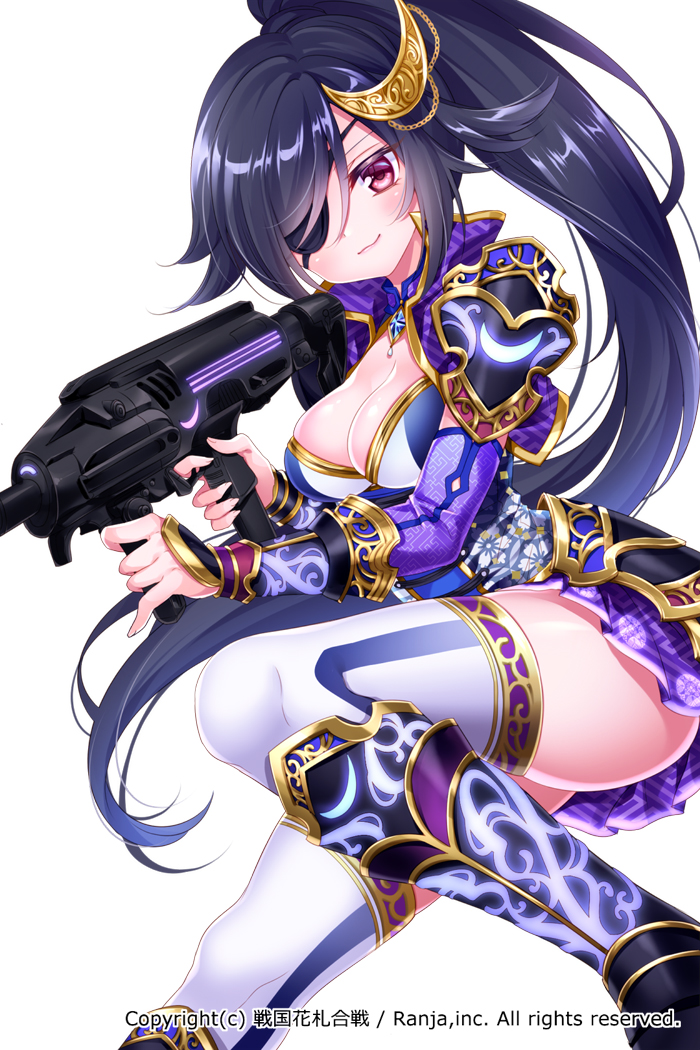 1girl armor armored_boots bangs black_armor black_boots black_hair boots breasts chains cleavage closed_mouth company_name copyright_name corset crescent crescent_hair_ornament cropped_jacket detached_sleeves eyepatch faulds finger_on_trigger fingernails flipped_hair floating_hair floral_print gem glowing glowing_armor gun hair_ornament high_collar high_ponytail holding holding_gun holding_weapon jacket knee_boots long_hair looking_at_viewer medium_breasts mitsuba_choco official_art one_leg_raised pink_eyes pleated_skirt ponytail print_skirt purple_jacket purple_skirt sapphire_(stone) sengoku_hanafuda_kassen shiny shiny_hair shiny_skin shoulder_armor simple_background skindentation skirt smirk solo swept_bangs thigh-highs vambraces very_long_hair weapon white_background white_legwear