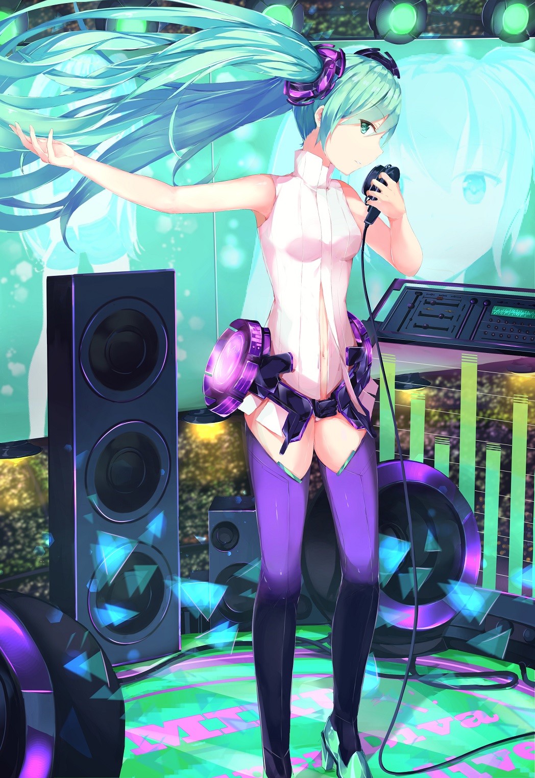 1girl aqua_eyes aqua_hair artist_request detached_sleeves hatsune_miku headset highres long_hair miku_append necktie solo thigh-highs twintails very_long_hair vocaloid vocaloid_append