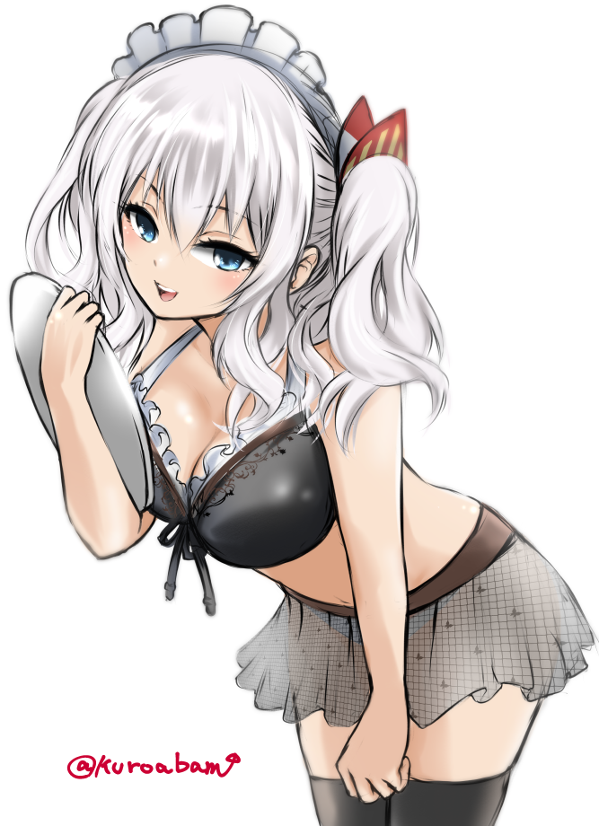 1girl :d alternate_costume bangs bikini_top black_bikini_top black_legwear black_ribbon blue_panties blush breasts cleavage commentary_request cowboy_shot directional_arrow eyebrows_visible_through_hair eyelashes front-tie_bikini front-tie_top holding holding_tray kantai_collection kashima_(kantai_collection) kuro_abamu leaning_forward long_hair looking_at_viewer maid_headdress medium_breasts navel open_mouth panties ribbon round_teeth see-through simple_background sketch smile solo standing stomach teeth thigh-highs tray tsurime twitter_username two_side_up underwear wavy_hair white_background