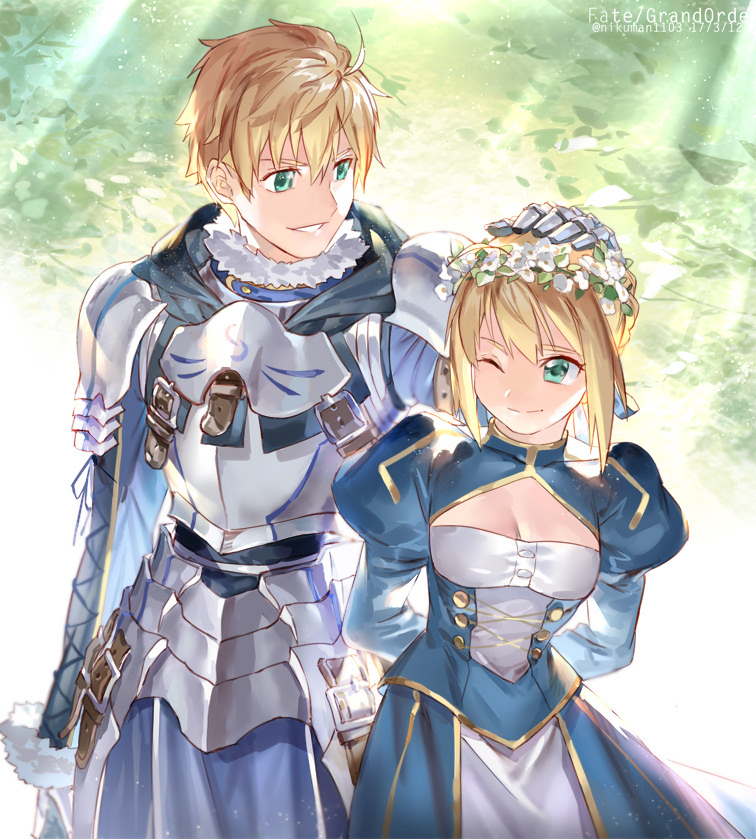 1boy 1girl ahoge armor arms_behind_back blonde_hair braid canvas commentary_request dated dress dual_persona fate/grand_order fate/prototype fate/stay_night fate_(series) flower french_braid green_eyes hair_ribbon hand_on_another's_head head_wreath holy_pumpkin long_hair looking_at_another one_eye_closed parted_lips puffy_sleeves ribbon saber saber_(fate/prototype) sidelocks smile standing