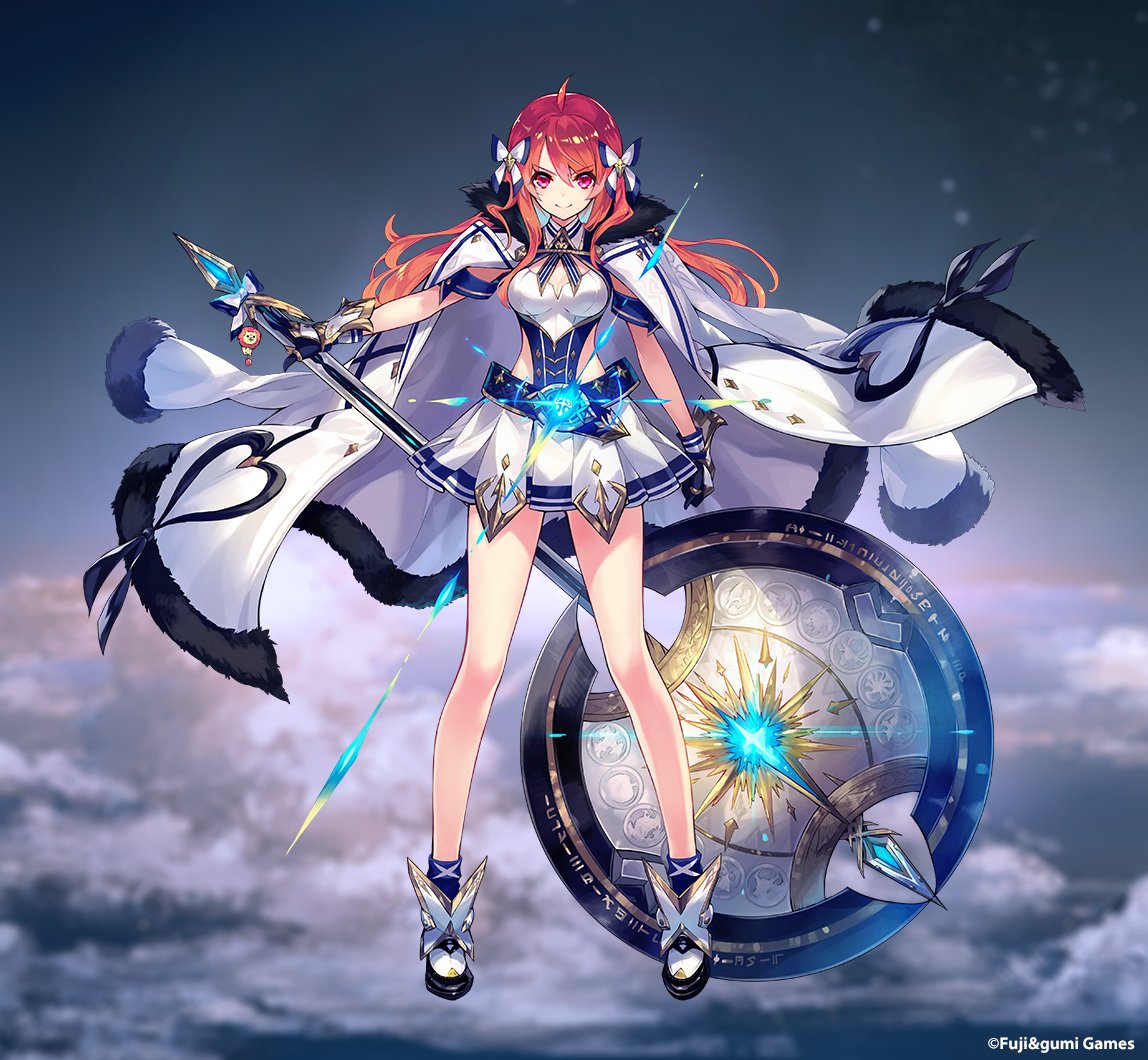 axe blurry blurry_background bow cleavage_cutout clouds collar detached_sleeves fur_trim gloves hair_bow heart_shape hercule_(phantom_of_the_kill) huge_weapon jacket jacket_on_shoulders lion miniskirt official_art phantom_of_the_kill red_eyes side_cutout skirt sky star_(sky) starry_sky stuffed_toy weapon