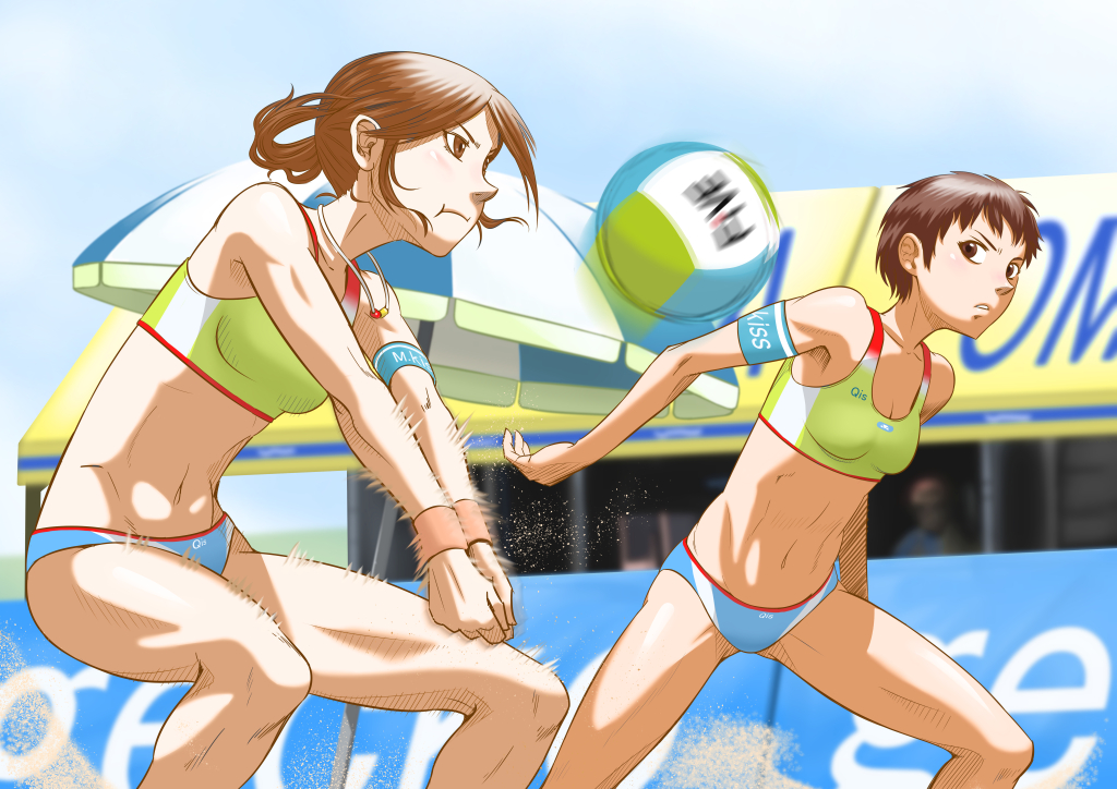 2girls armband ball beach_volleyball bikini brown_eyes brown_hair long_hair looking_at_another multiple_girls muscle navel ocean ponytail short_hair swimsuit tokuno_fumitoshi volleyball
