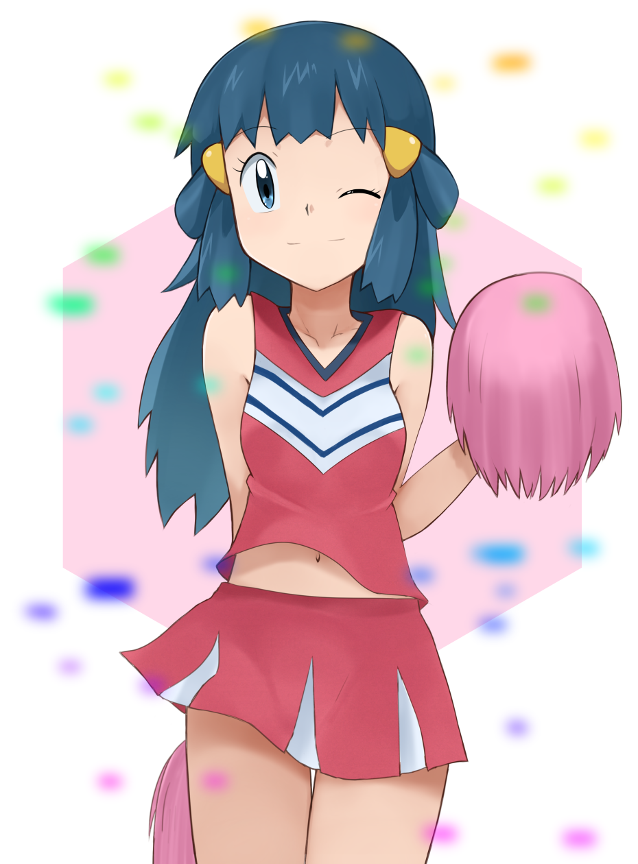 1girl alternate_costume blue_eyes blue_hair buttons cheerleader collarbone cowboy_shot hair_ornament highres hikari_(pokemon) long_hair long_sleeves looking_at_viewer navel one_eye_closed pink_background pokehika pokemon pom_poms red_skirt simple_background skirt sleeveless smile solo white_background wink