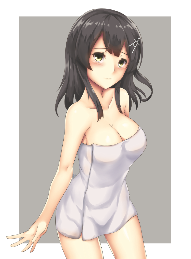 1girl arciealbano black_hair blush breasts cleavage closed_mouth collarbone grey_background hair_ornament kantai_collection looking_at_viewer medium_breasts naked_towel outside_border oyashio_(kantai_collection) simple_background solo standing towel white_border yellow_eyes