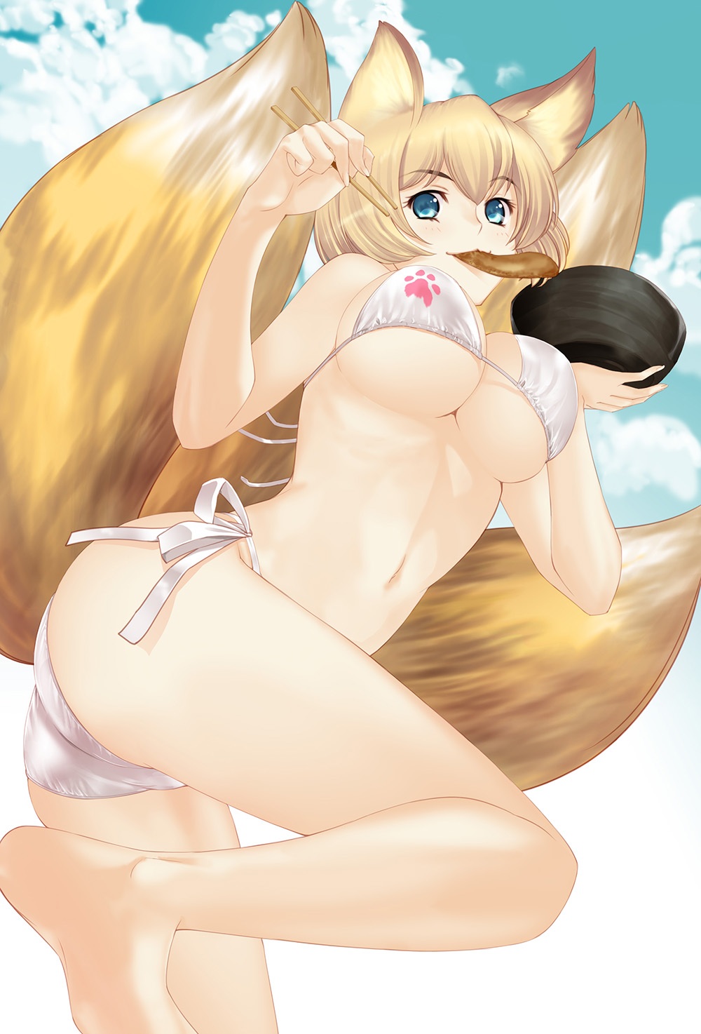 1girl animal_ears ass bangs barefoot bikini blonde_hair blue_eyes blue_sky bowl breasts chopsticks clouds cloudy_sky commentary_request day eating eyebrows_visible_through_hair food_in_mouth fox_ears fox_tail hataraki_kuma highres holding holding_bowl holding_chopsticks large_breasts leg_up looking_at_viewer mouth_hold multiple_tails navel outdoors partial_commentary short_hair side-tie_bikini sky smile solo standing standing_on_one_leg swimsuit tail touhou white_bikini yakumo_ran