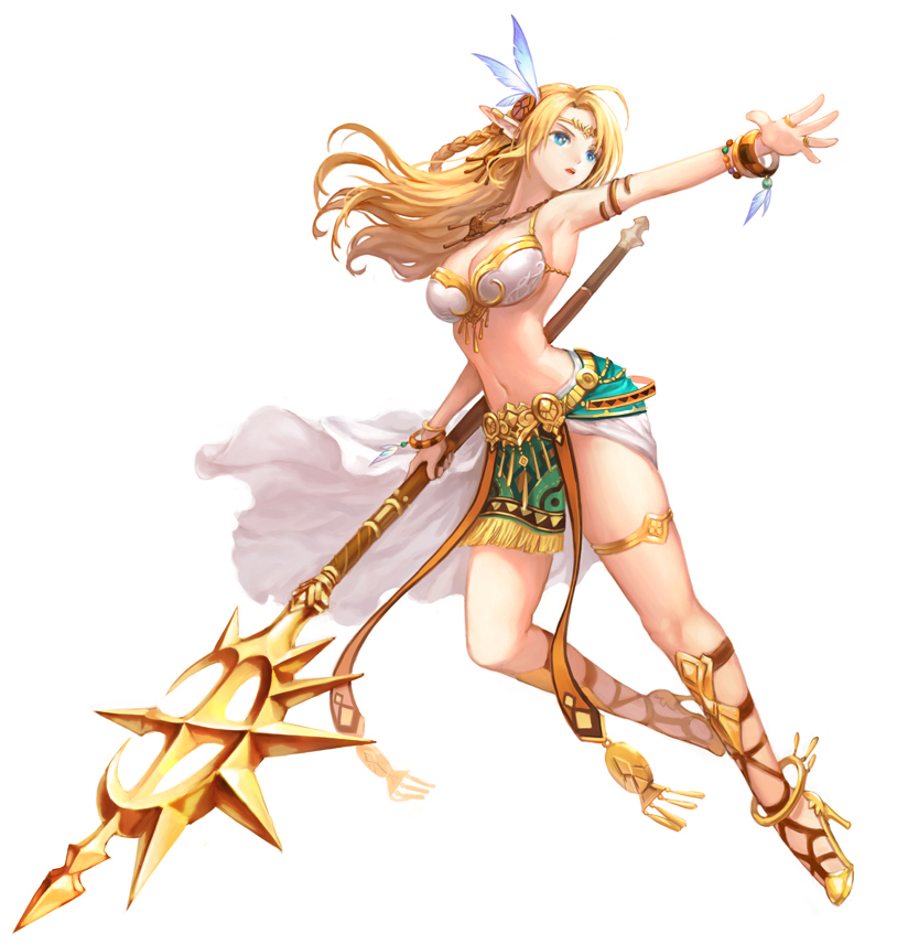 armlet armor bangle bikini_armor blonde_hair blue_eyes bracelet braid elf feathers full_body hair_feathers high_heels jewelry long_hair looking_to_the_side midriff mingjeung_seo navel original outstretched_hand pointy_ears ring staff