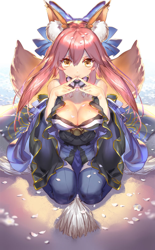 1girl animal_ears blue_legwear bow breasts brown_eyes cherry_blossoms cleavage commentary_request detached_collar detached_sleeves fate/extra fate_(series) fingers_together fox_ears fox_tail hair_between_eyes hair_bow holy_pumpkin japanese_clothes large_breasts looking_at_viewer multiple_tails obi petals pink_hair sash sitting smile solo tail tamamo_(fate)_(all) tamamo_no_mae_(fate) thigh-highs twintails wariza