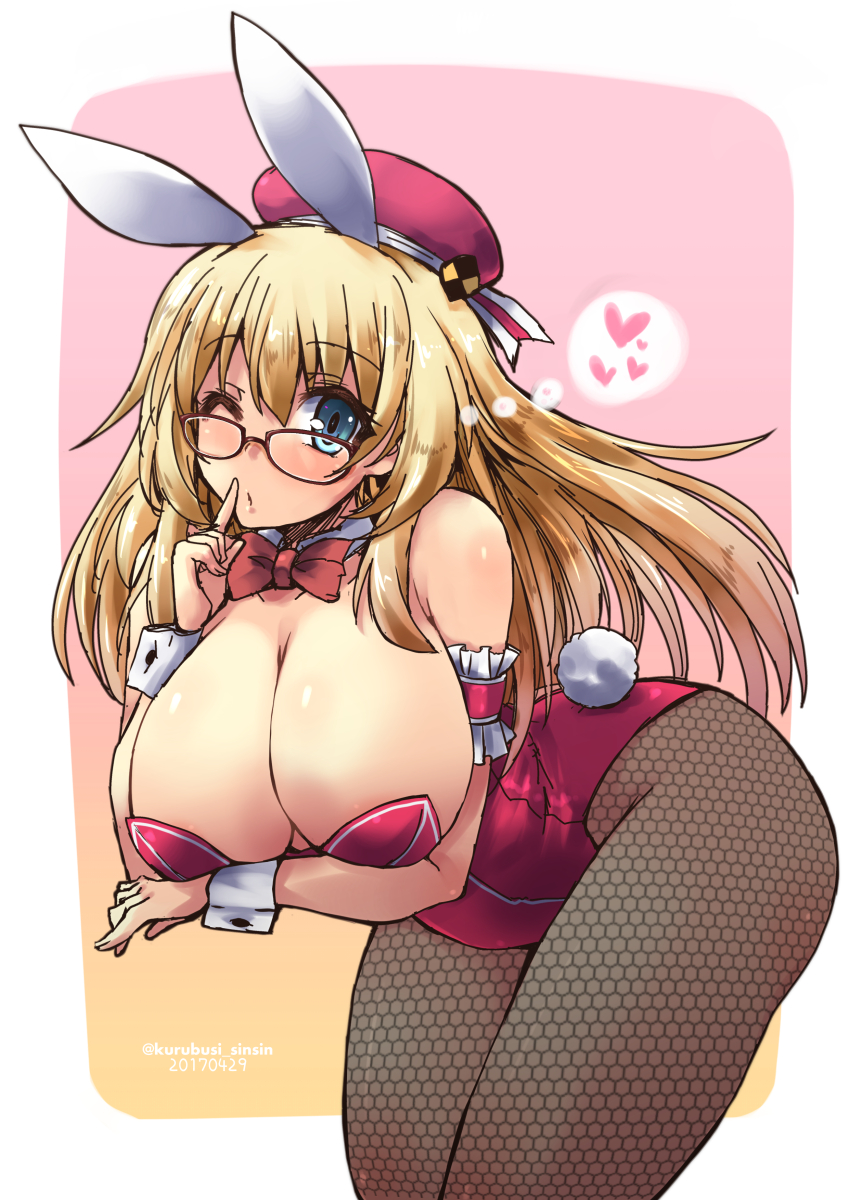 1girl adapted_costume animal_ears artist_name atago_(kantai_collection) beret blonde_hair blue_eyes blush bow bowtie breasts bunny_tail bunnysuit cleavage covered_navel dated glasses hat highres kantai_collection large_breasts leotard pantyhose rabbit_ears shinshin short_hair simple_background smile solo tail unmoving_pattern wrist_cuffs
