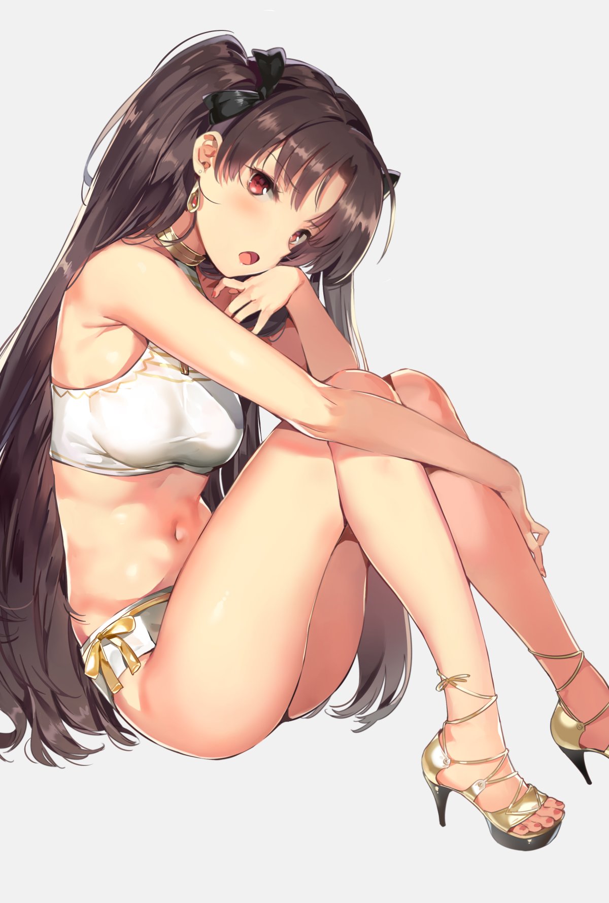 1girl :o alternate_costume annoyed arm armpits ass bangs bare_arms bare_legs bare_shoulders bikini black_hair black_ribbon blush breasts choker crop_top earrings fate/grand_order fate_(series) feet female grey_background hair_ribbon hand_on_own_cheek head_tilt high_heels highres ishtar_(fate/grand_order) jewelry knees_up leg_hug legs looking_at_viewer medium_breasts midriff nail_polish navel neck neck_ring no_socks open_mouth open_toe_shoes parted_bangs red_eyes ribbon sandals shoes simple_background sitting sleeveless solo strapless swimsuit thighs toes tohsaka_rin two_side_up type-moon very_long_hair white_bikini white_swimsuit yuran_(cozyquilt)