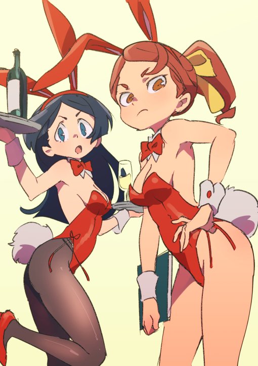 &gt;:o 2girls :o animal_ears bangs barbara_(little_witch_academia) black_hair blue_eyes bokujoukun bow bowtie breasts brown_eyes brown_legwear bunny_girl bunny_tail cleavage cup detached_collar drinking_glass fake_animal_ears hair_ribbon hairband hand_on_hip hanna_(little_witch_academia) high_heels leaning_forward leotard little_witch_academia looking_at_viewer medium_breasts multiple_girls orange_hair pantyhose parted_bangs ponytail protected_link rabbit_ears ribbon simple_background standing standing_on_one_leg tail tray wine_glass wrist_cuffs