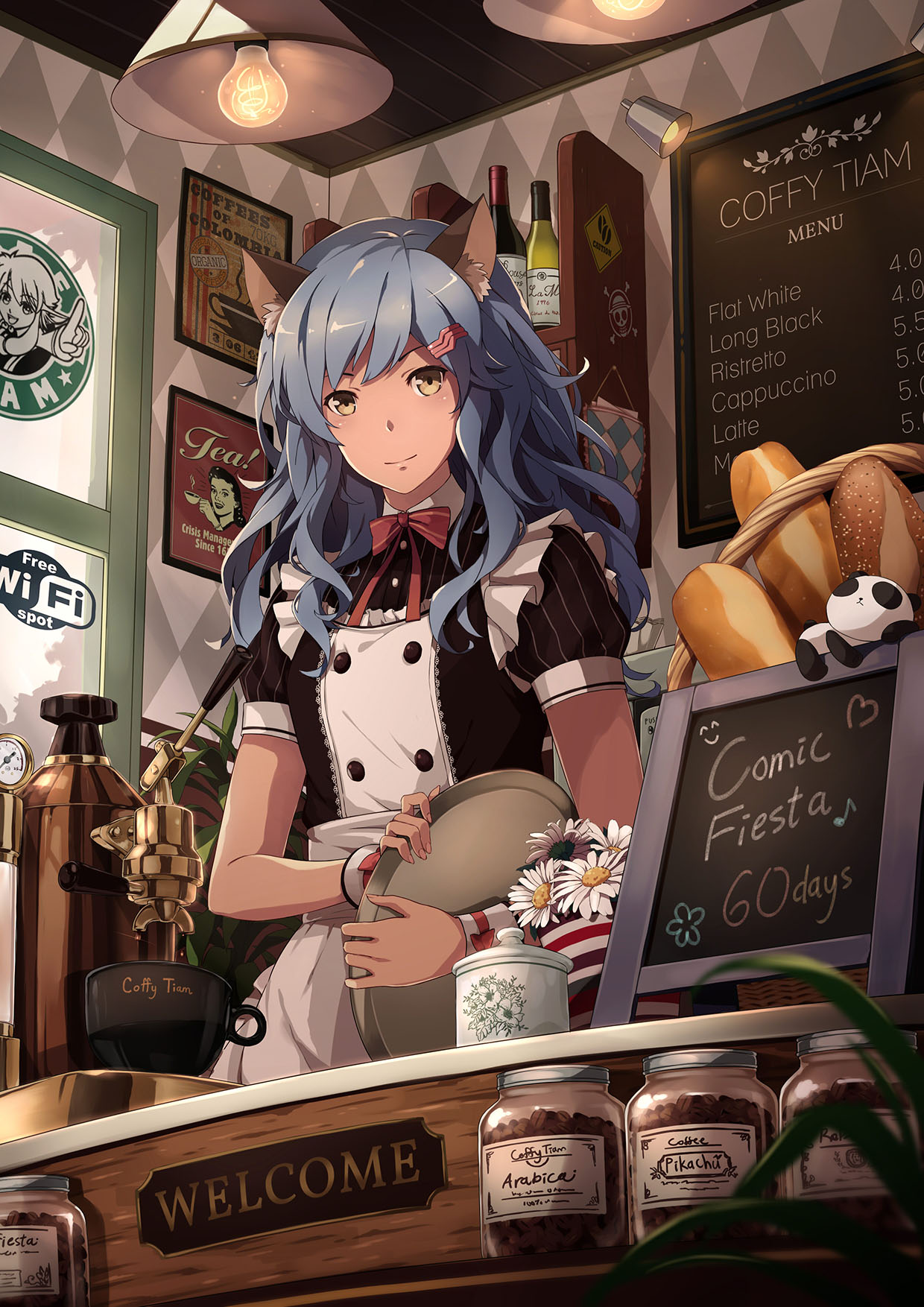 1girl animal_ears baguette basket blue_hair bow bowtie bread cat_ears character_request coffee_beans coffee_cup coffee_maker_(object) comic_fiesta flower food hair_ornament hairclip highres holding holding_tray jar lamp light_bulb long_hair looking_at_viewer menu_board ng_(chaoschyan) red_bow red_bowtie red_ribbon ribbon smile solo tray yellow_eyes