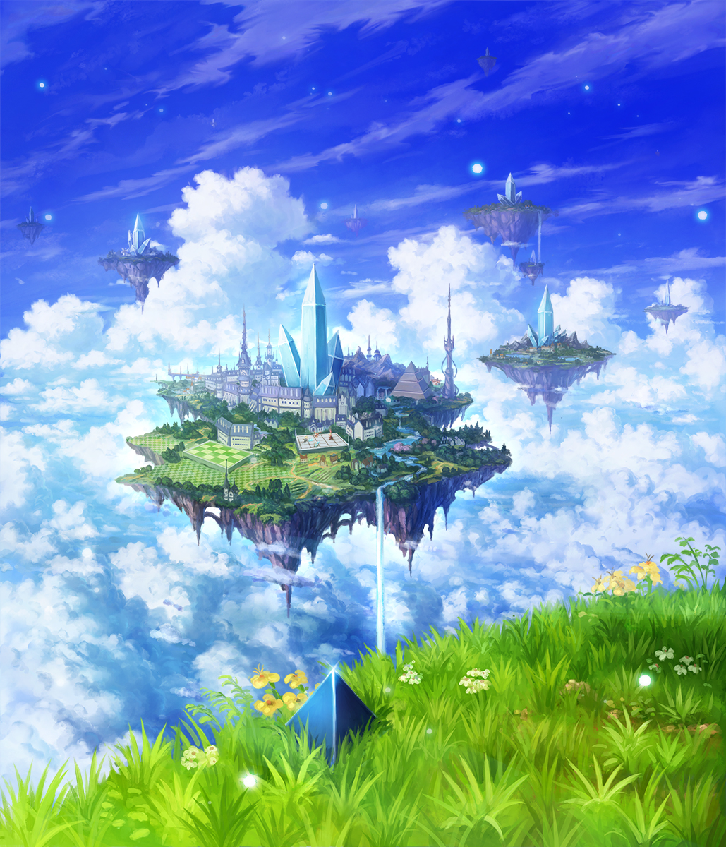 blurry checkered city clouds cloudy_sky crystal depth_of_field fantasy floating_island flower grass highres landscape light_particles makkou_4 no_humans original pyramid river scenery sky tower water waterfall