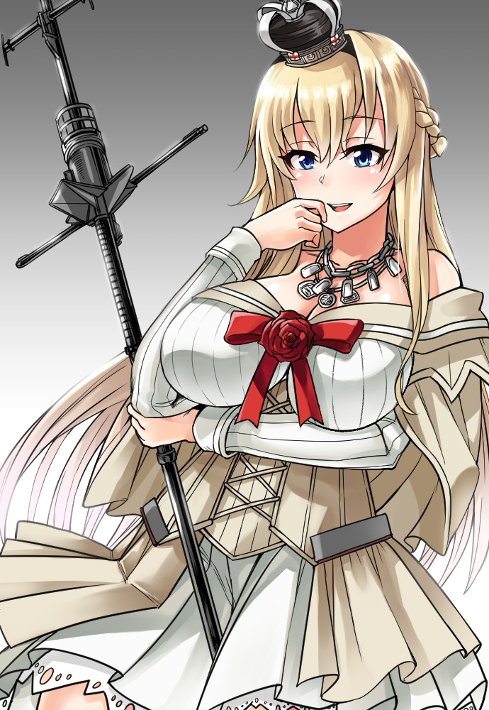 1girl blonde_hair blue_eyes braid breasts cowboy_shot crown dress flower french_braid gradient gradient_background grey_background hairband jewelry kantai_collection large_breasts long_hair long_sleeves mini_crown necklace off-shoulder_dress off_shoulder red_flower red_ribbon red_rose ribbon rose scepter solo warspite_(kantai_collection) white_dress yong-gok