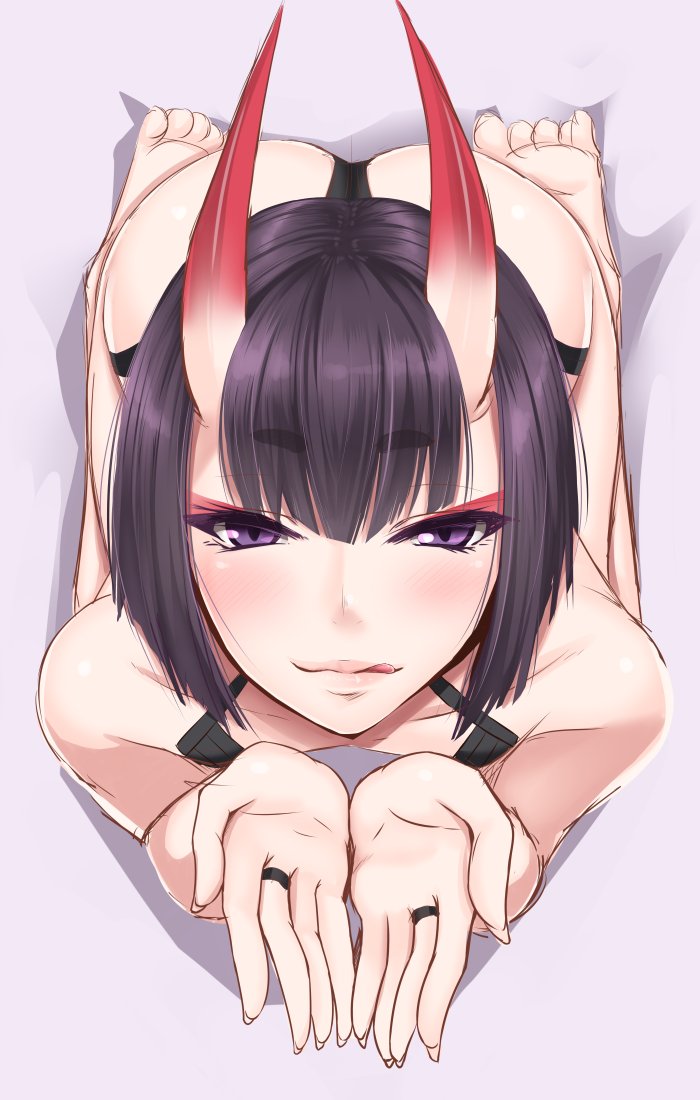 1girl :q ass bangs barefoot blunt_bangs blush closed_mouth collarbone eyebrows_visible_through_hair eyeshadow fate/grand_order fate_(series) fingernails from_above full_body half-closed_eyes horns jewelry kneeling leaning_forward licking_lips lips long_fingernails looking_at_viewer looking_up makeup oni oni_horns palms purple_hair ring seiza short_hair shuten_douji_(fate/grand_order) shuugetsu_karasu sitting solo thick_eyebrows tongue tongue_out tsurime violet_eyes