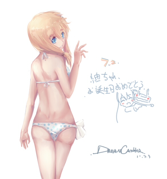 1girl artist_name ass bikini birthday blonde_hair blue_eyes dated dreamcatcher from_behind happy_birthday k-on! kotobuki_tsumugi looking_back side-tie_bikini signature solo swimsuit waving