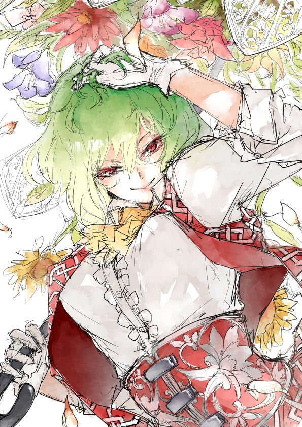 1girl akihira_fujinohara ascot corset floral_background floral_print flower gloves green_hair hand_in_hair kazami_yuuka looking_at_viewer parasol plaid plaid_vest red_eyes shirt short_hair sleeves_folded_up smile solo sunflower touhou umbrella vest white_gloves