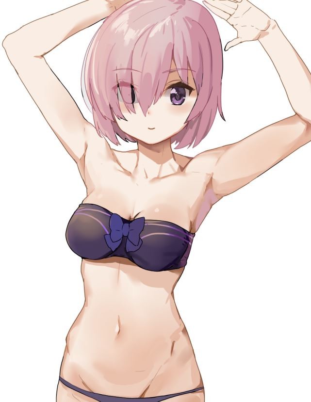 1girl arm armpits arms_up bandeau bare_arms bare_shoulders bikini black_bikini black_bow black_swimsuit bow breasts c: closed_mouth collarbone eyebrows_visible_through_hair eyes_visible_through_hair fate/grand_order fate_(series) female groin hair_over_one_eye highres lavender_hair looking_at_viewer medium_breasts midriff mound_of_venus navel neck shielder_(fate/grand_order) shiny shiny_hair short_hair shoulders shovelwell simple_background smile solo standing strapless strapless_bikini strapless_swimsuit swimsuit type-moon violet_eyes white_background